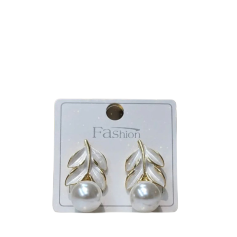 Elegant Pearl Leaf Stud Earrings – Gold-Toned Enamel Leaf Statement Earrings – Vintage-Inspired Botanical Jewelry for Women