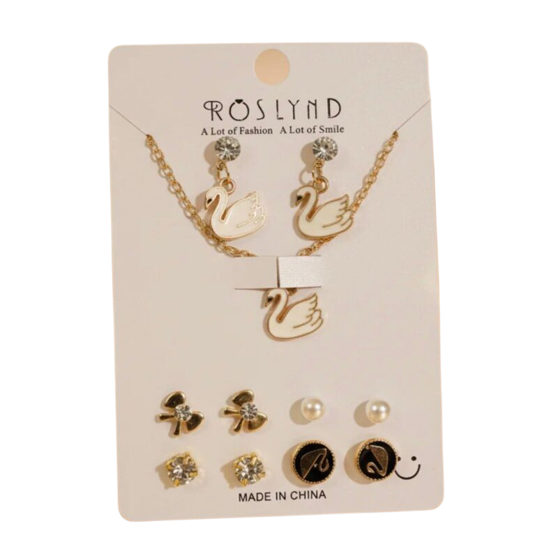 Roslynd White Swan Necklace & Earring Set | Gold-Tone Jewelry Gift Set with Studs