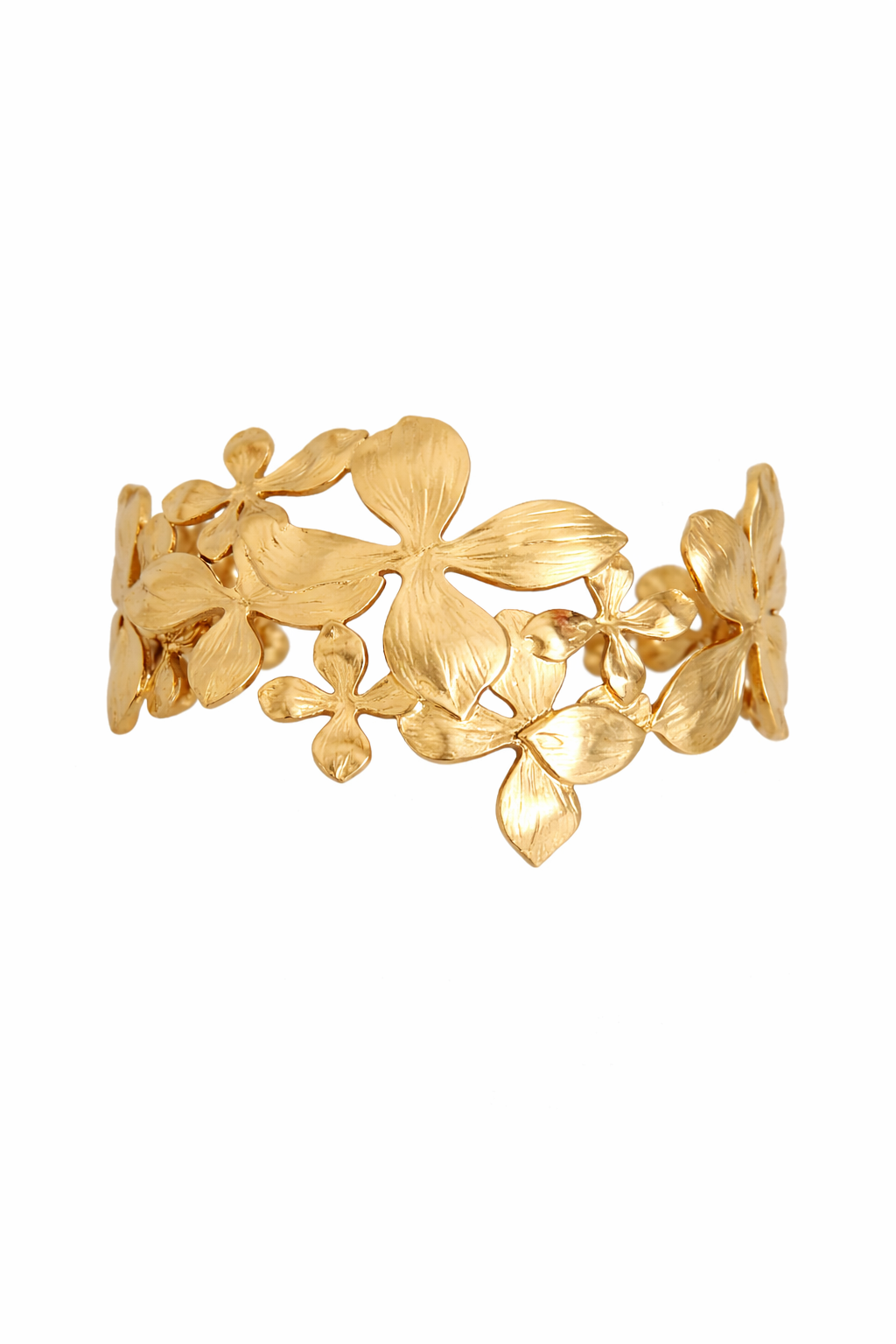 Gold Floral Stainless Steel Cuff Bangle | Textured Leaf & Flower Statement Bracelet