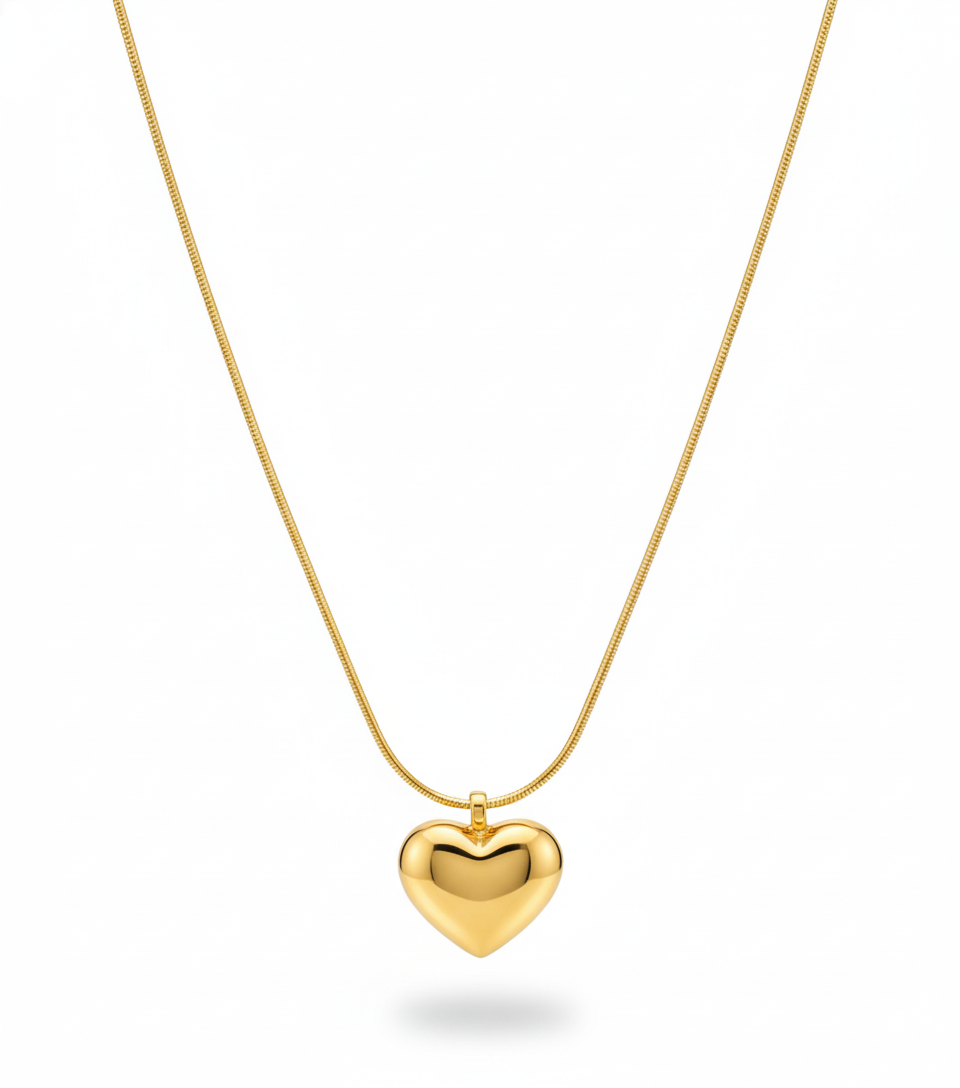Nayraah 18K Gold Plated Puffy Heart Pendant Necklace | Dainty 3D Romantic Charm on Snake Chain for Women