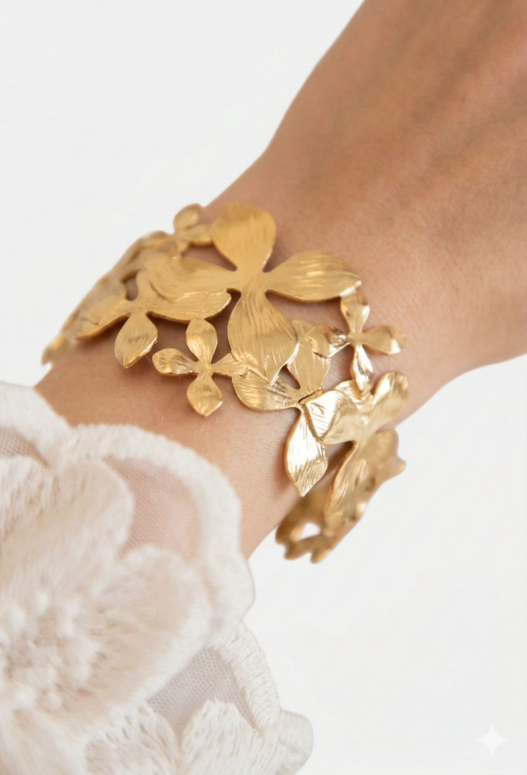 Gold Floral Stainless Steel Cuff Bangle | Textured Leaf & Flower Statement Bracelet - Image 2