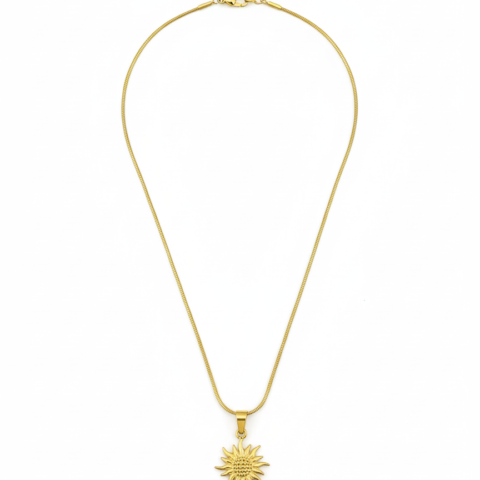 Gold Sunflower Pendant Necklace – 14K Gold Plated Sunburst Charm – Minimalist Snake Chain Botanical Jewelry – Summer Statement Necklace for Women