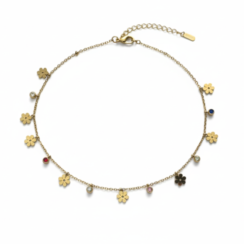 Dainty 14K Gold Flower Choker Necklace – Multicolor Crystal Floral Charm Necklace – Adjustable Minimalist Garden Jewelry for Women