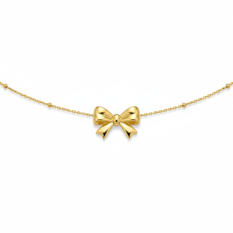 Dainty 14K Gold Bow Necklace – Minimalist Ribbon Charm Pendant – Elegant Coquette Aesthetic Jewelry – Adjustable Satellite Chain Necklace for Women