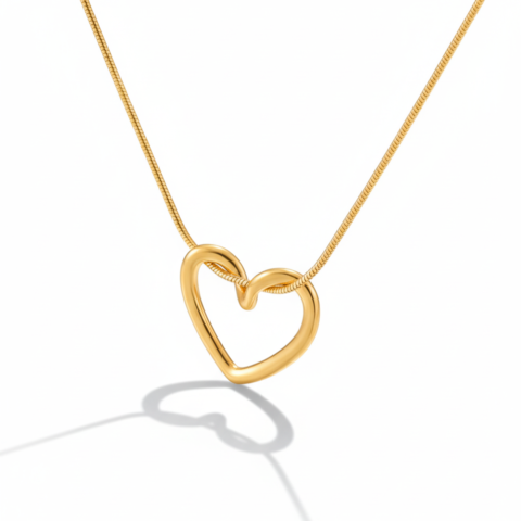 18K Gold Vermeil Open Heart Pendant Necklace – Minimalist Snake Chain Heart Jewelry for Women