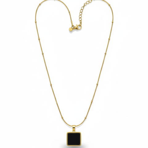 Gold Black Onyx Square Pendant Necklace – 14K Gold Plated Box Chain with Satellite Beads – Modern Geometric Statement Jewelry for Women