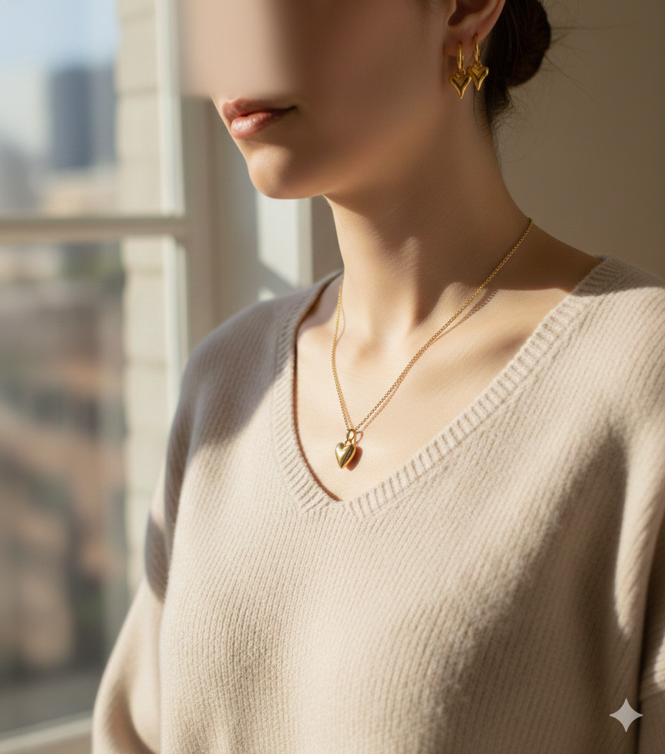 Nayraah 18K Gold Plated Puffy Heart Pendant Necklace | Dainty 3D Romantic Charm on Snake Chain for Women - Image 2