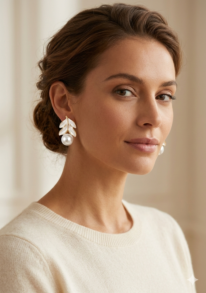 Elegant Pearl Leaf Stud Earrings – Gold-Toned Enamel Leaf Statement Earrings – Vintage-Inspired Botanical Jewelry for Women - Image 2