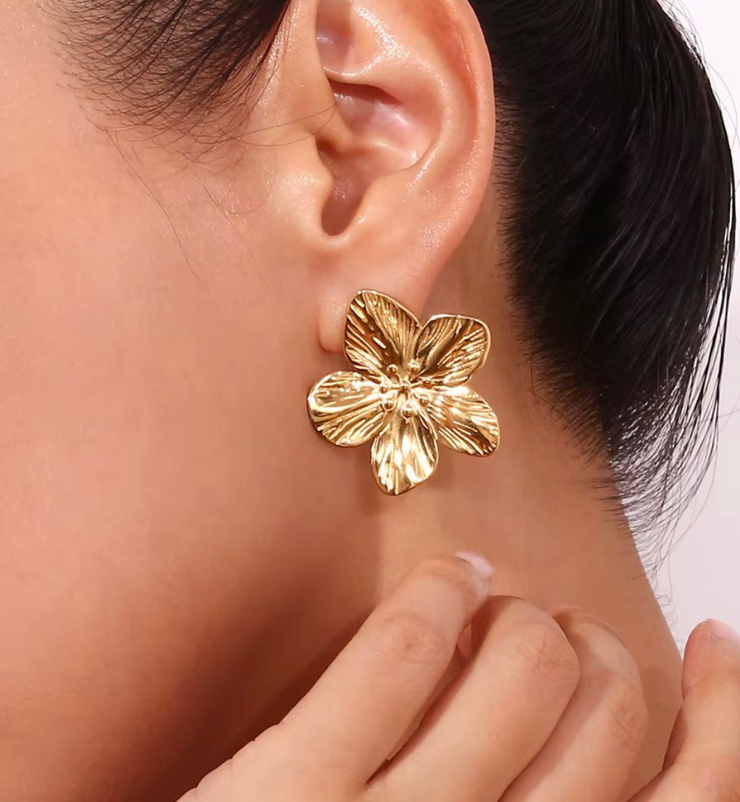 Gold-Plated Floral Bloom Stud Earrings | Handcrafted 5-Petal Flower Jewelry for Women - Image 2