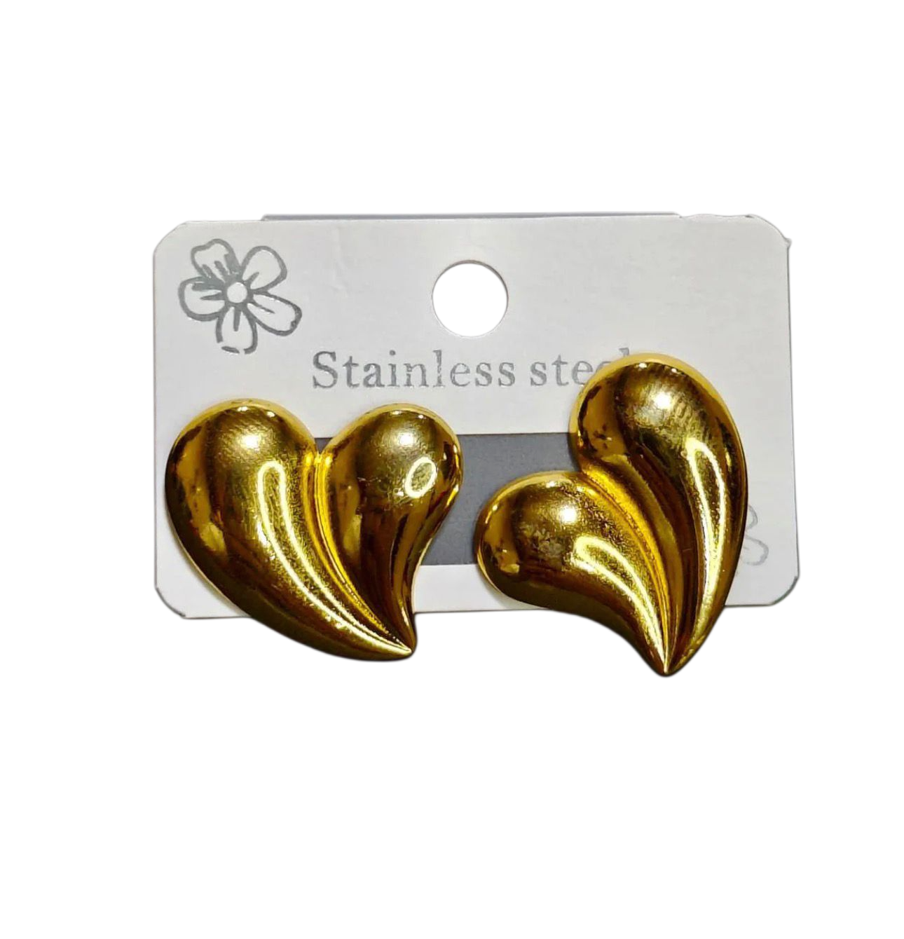 Chunky Gold Heart Stud Earrings – Vintage-Inspired Ribbed Double Heart Statement Earrings in Stainless Steel