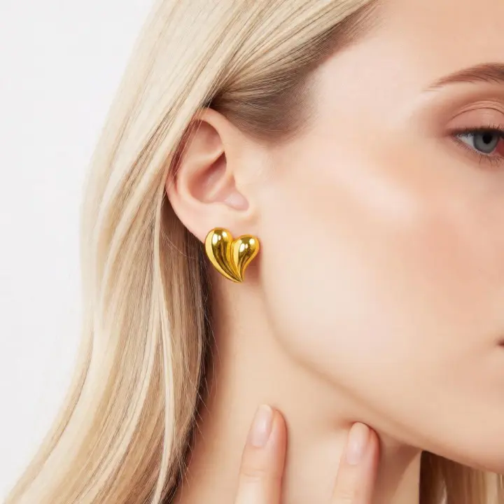 Chunky Gold Heart Stud Earrings – Vintage-Inspired Ribbed Double Heart Statement Earrings in Stainless Steel - Image 2