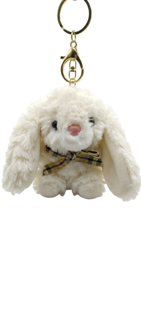 Luxury Plaid-Accented Fluffy Bunny Keychain | Cream Faux-Fur Rabbit Bag Charm with Gold Hardware
