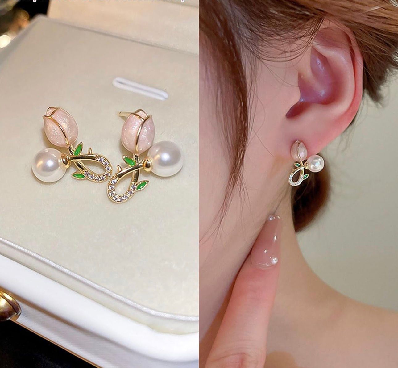 Elegant Pink Tulip & Pearl Crystal Stud Earrings – Gold Plated Romantic Floral Jewelry - Image 2