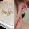 Elegant Pink Tulip & Pearl Crystal Stud Earrings – Gold Plated Romantic Floral Jewelry