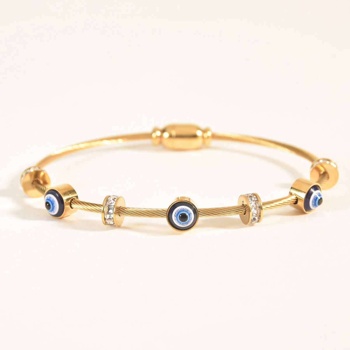 18K Gold Plated Evil Eye Cable Bangle | Multi-Charm Protective Statement Bracelet