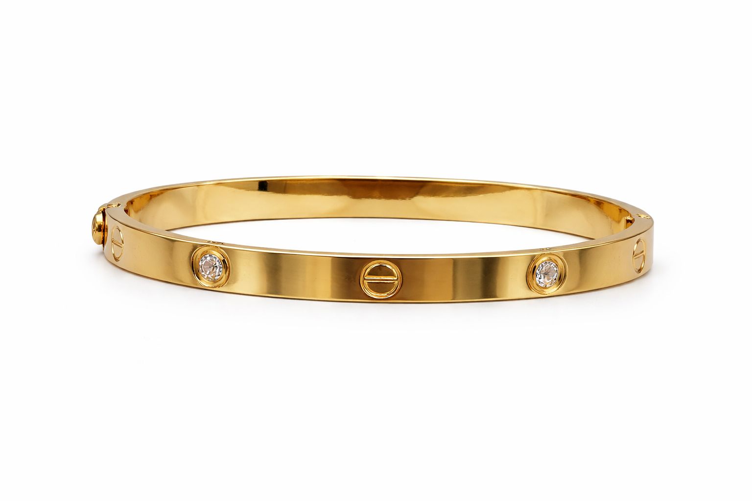 18K Gold Plated Screw Motif Bangle | Crystal-Accented Industrial Statement Cuff