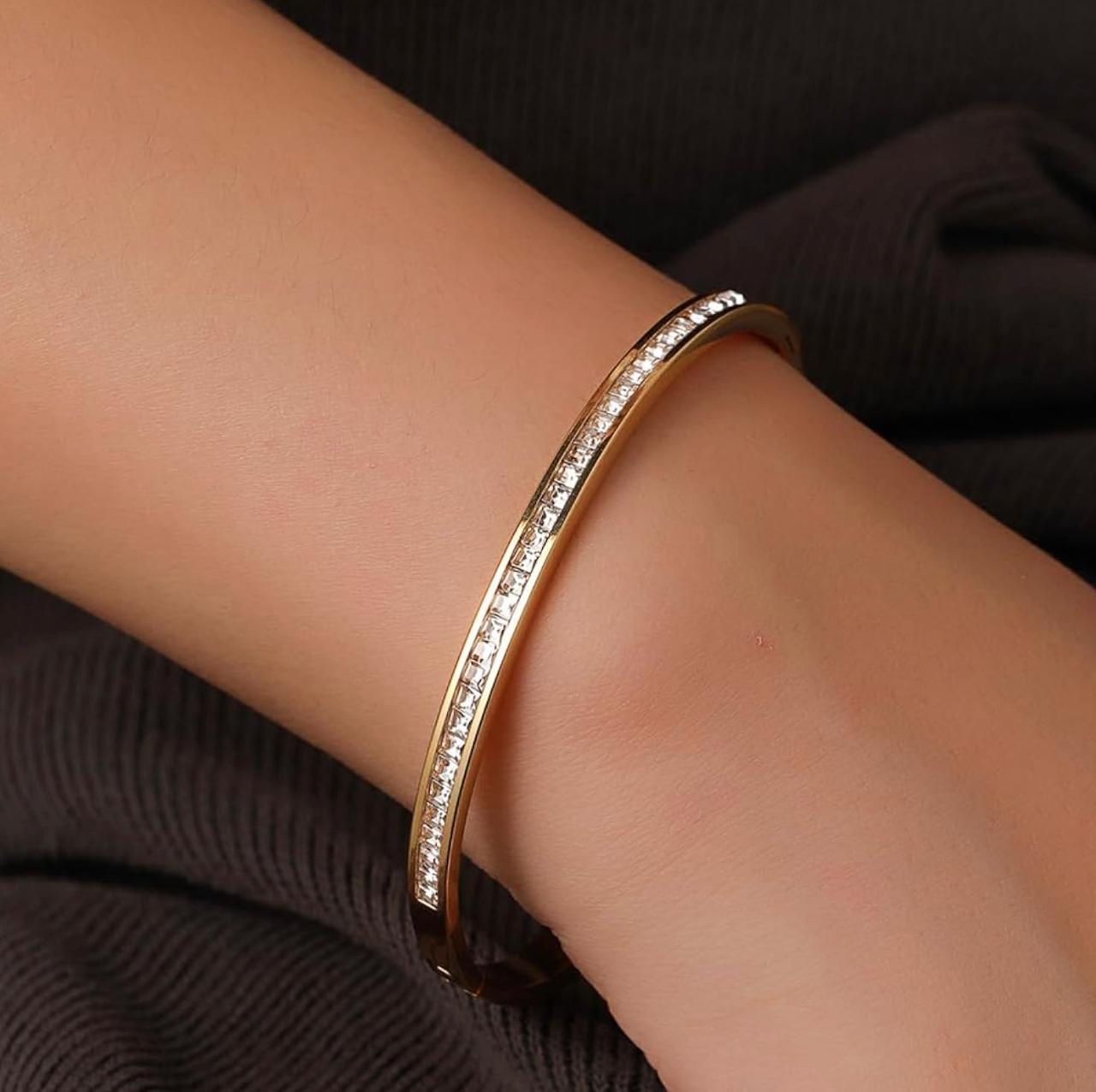18K Gold Plated Crystal Channel-Set Bangle | Minimalist Pavé Eternity Bracelet - Image 2