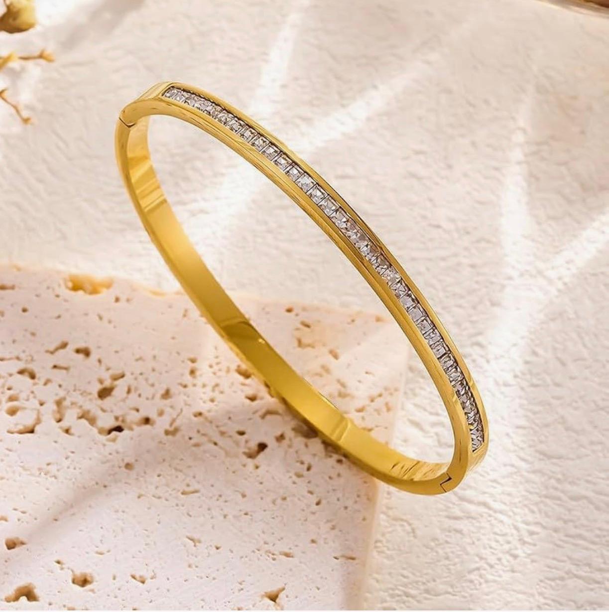 18K Gold Plated Crystal Channel-Set Bangle | Minimalist Pavé Eternity Bracelet - Image 3