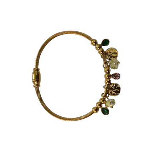 18K Gold Plated Twisted Cable Bangle with Multi-Color Crystal Charms – Elegant Bohemian Cuff Bracelet – Tarnish-Free Jewelry for Women