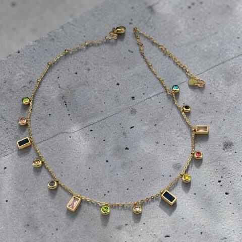 Gold Multi-Color Gemstone Charm Necklace – Dainty Bezel Set Crystal & Baguette Jewelry