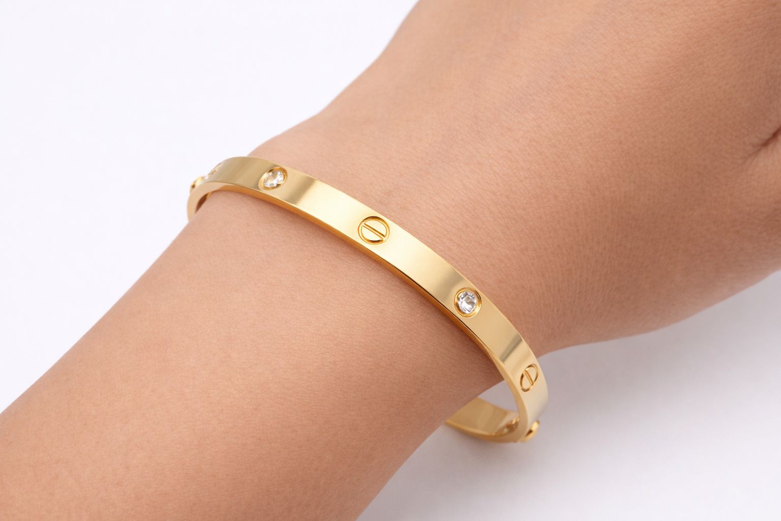 18K Gold Plated Screw Motif Bangle | Crystal-Accented Industrial Statement Cuff - Image 2