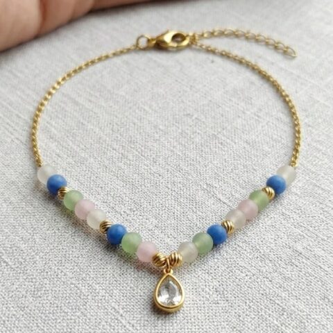 Dainty Gold Pastel Beaded Bracelet – Teardrop Crystal Charm & Matte Gemstone Boho Jewelry