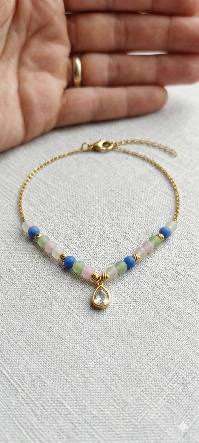 Dainty Gold Pastel Beaded Bracelet – Teardrop Crystal Charm & Matte Gemstone Boho Jewelry
