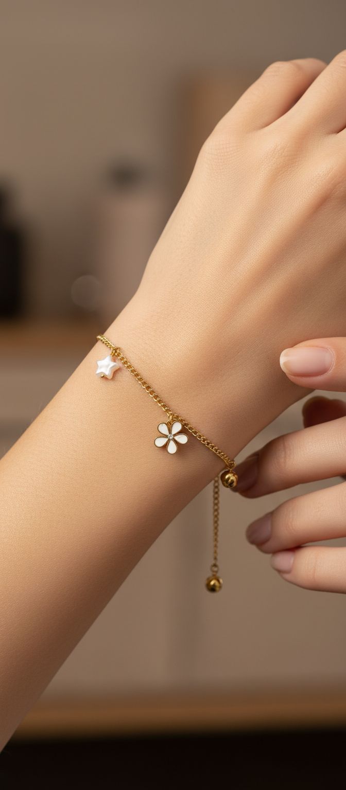 18K Gold Plated White Enamel Flower & Star Charm Bracelet | Dainty Curbside Link Band - Image 2