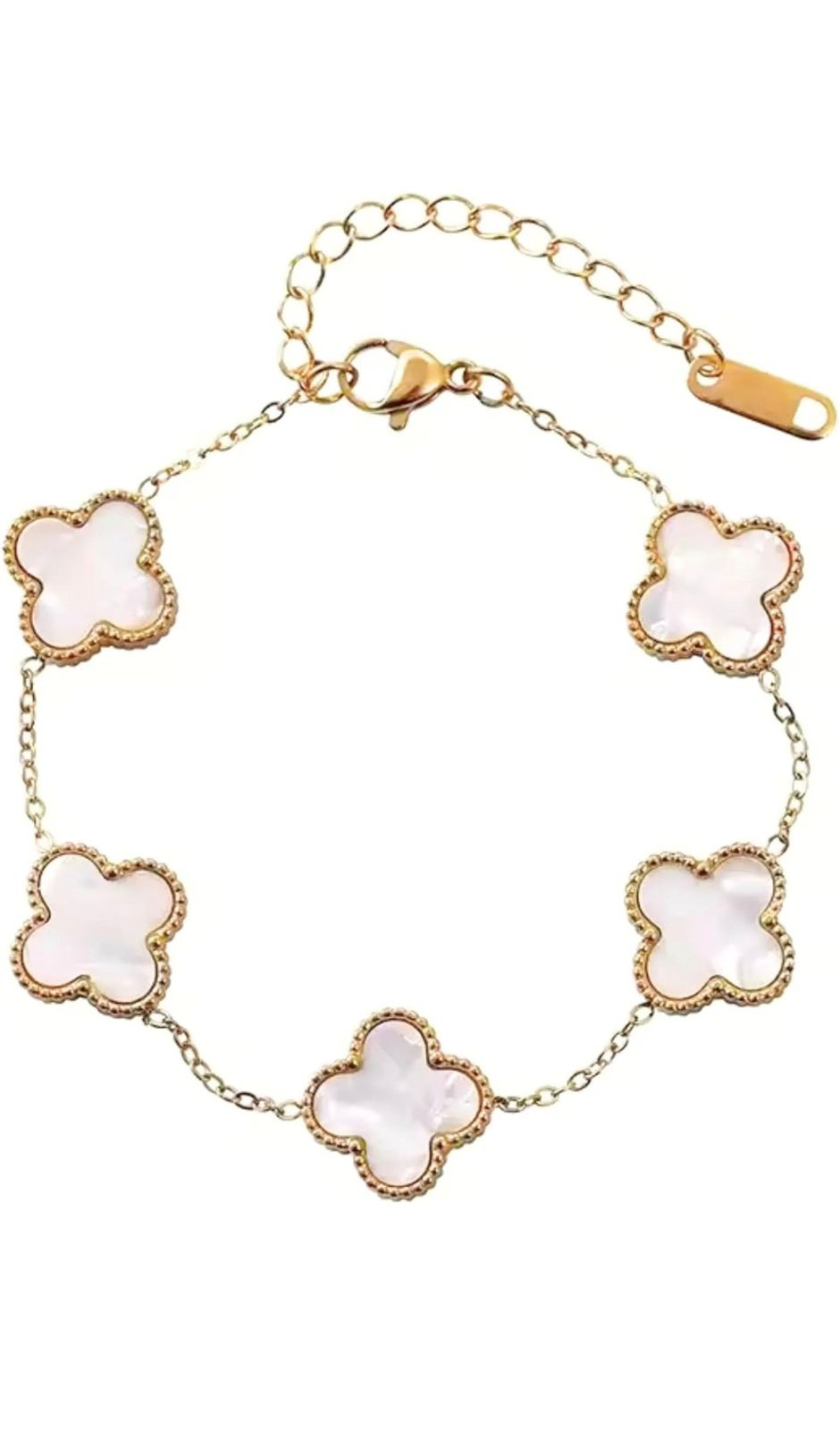 Product Details: Elegant 5-Motif Clover Bracelet (Mother of Pearl Style) SEO-Optimized Title Elegant 18K Gold Plated 5-Motif White Clover Bracelet – Mother of Pearl Style Four-Leaf Lucky Clover Jewelry for Women