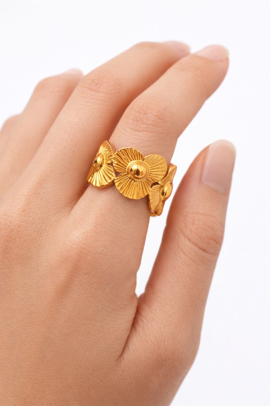 18K Gold Plated Botanical Bloom Cuff Ring | Adjustable Floral Statement Band - Image 2