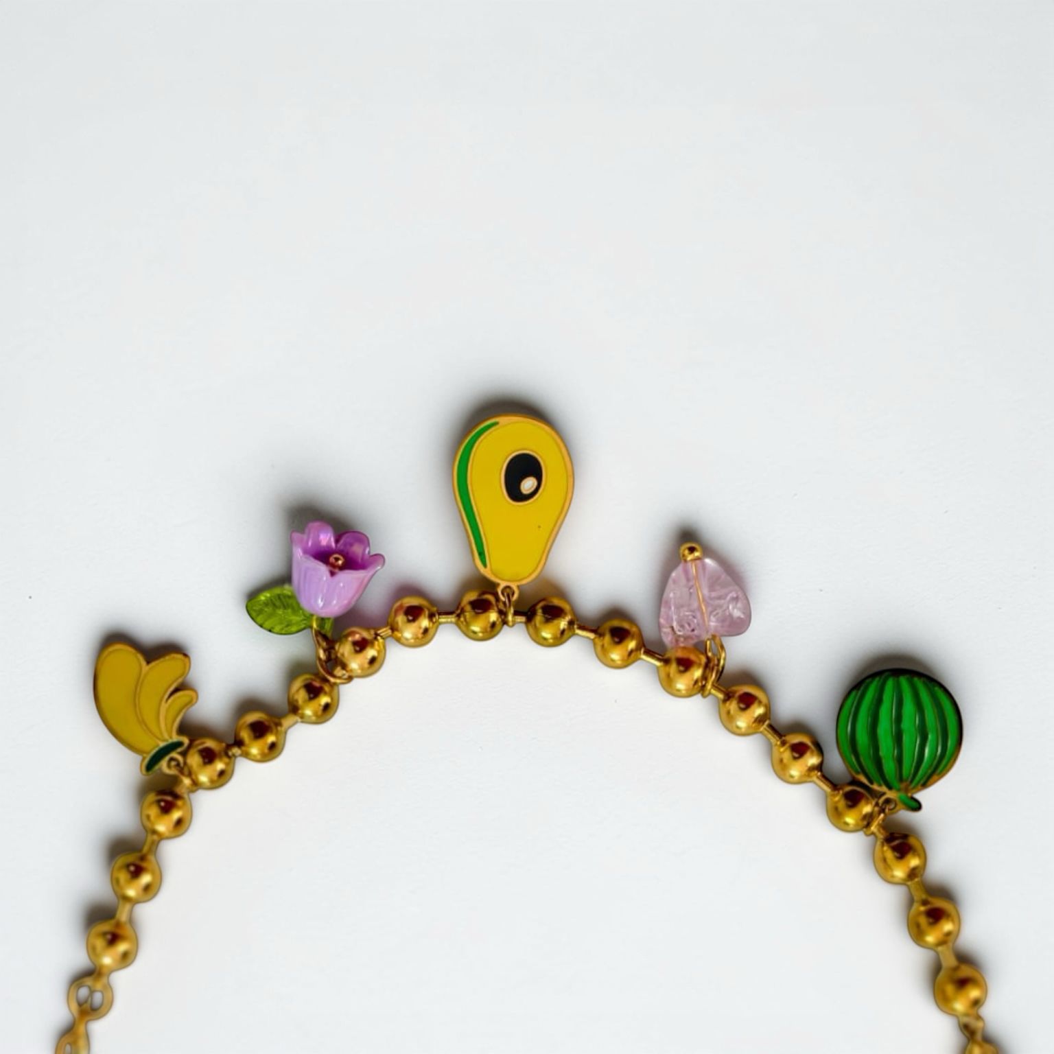 Gold Ball Chain Tropical Fruit Charm Bracelet – Whimsical Enamel Avocado, Banana, and Watermelon Jewelry