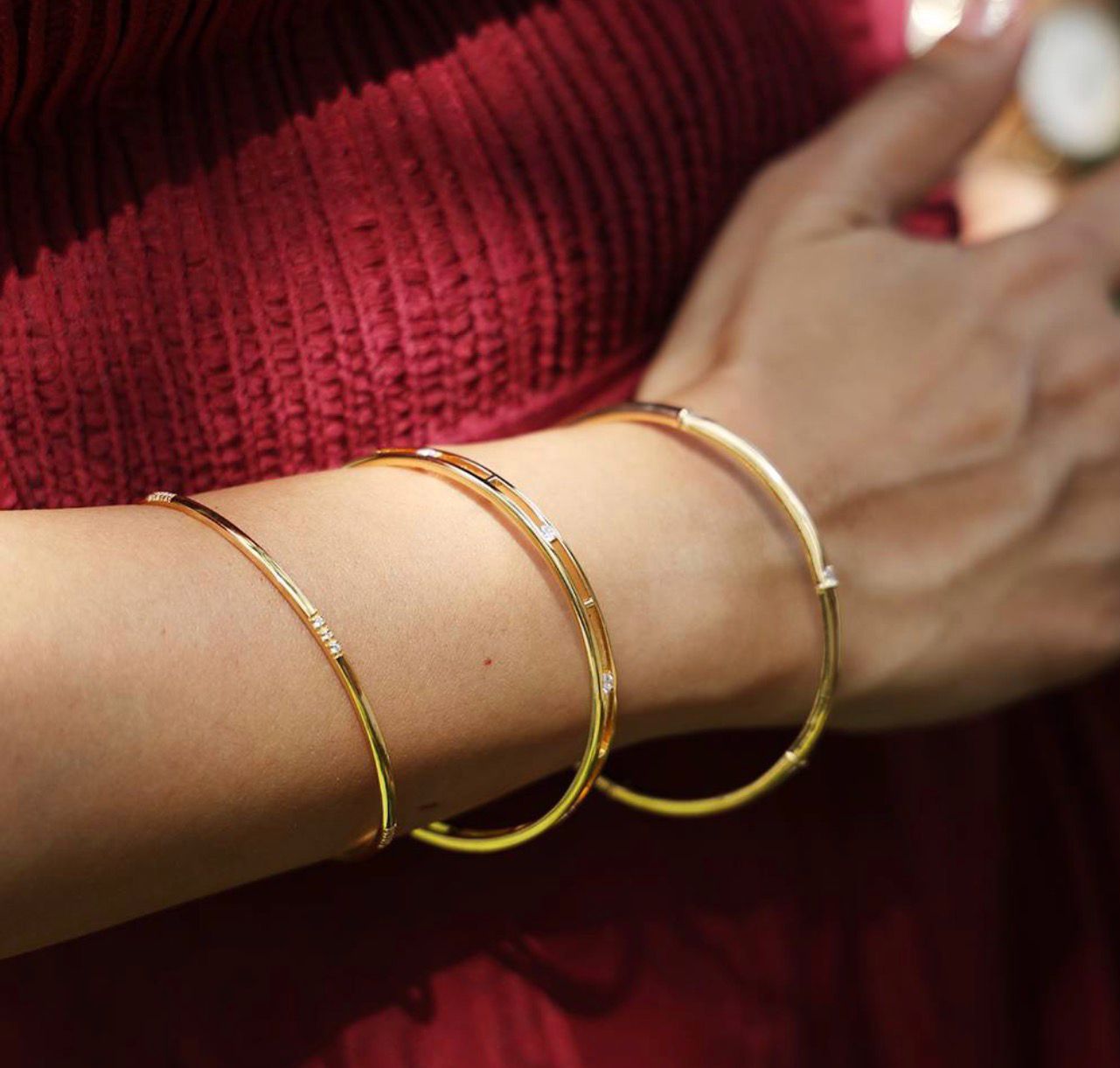 18K Gold Plated Dual-Rail Openwork Bangle | Minimalist Crystal Accented Cuff - Image 2