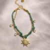 Bohemian Celestial Sun Charm Bracelet – Layered Gold Chain & Teal Braided Cord with Sparkling Crystals