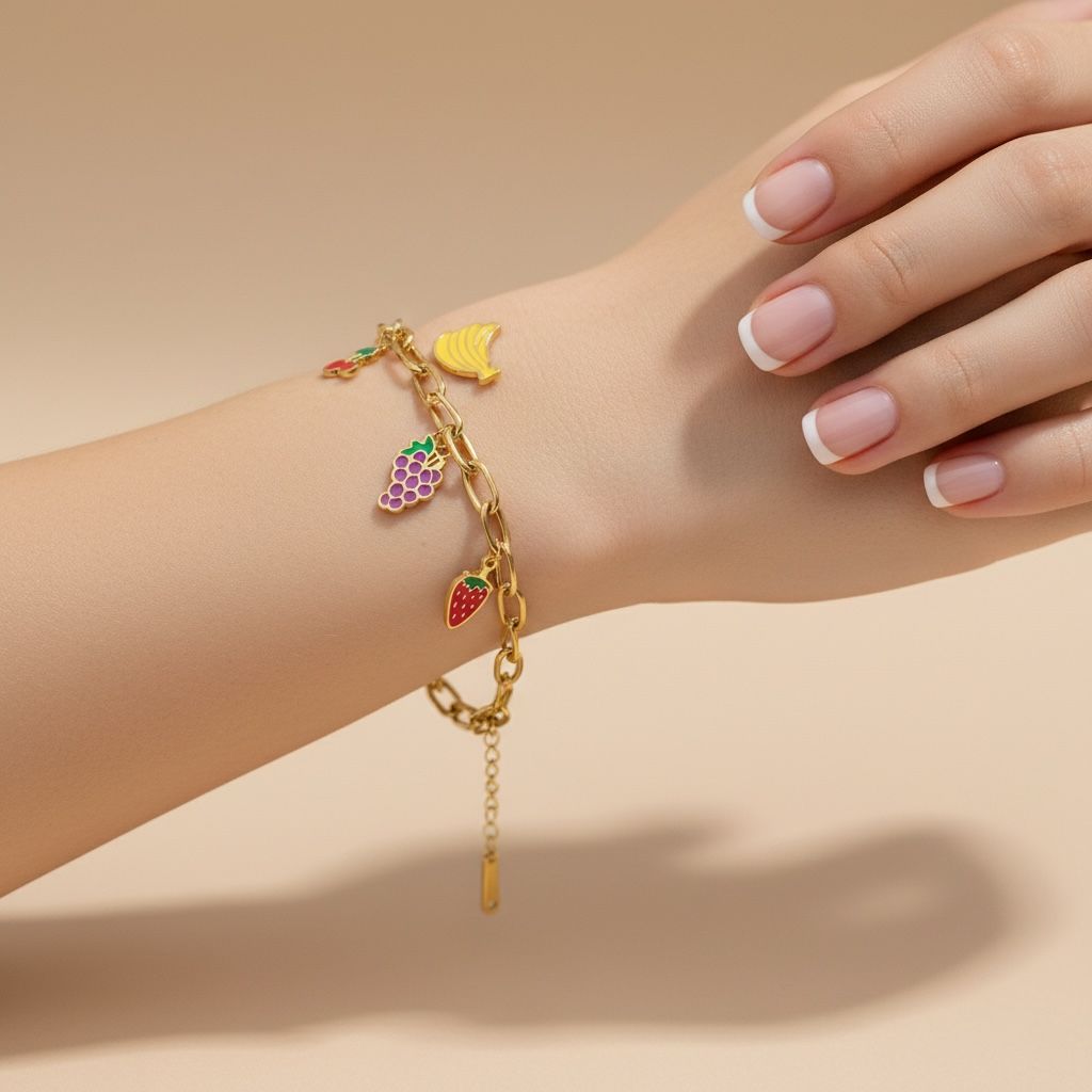 Gold Curb Chain Fruit Charm Bracelet – Whimsical Enamel Strawberry, Cherry, and Grape Jewelry - Image 2