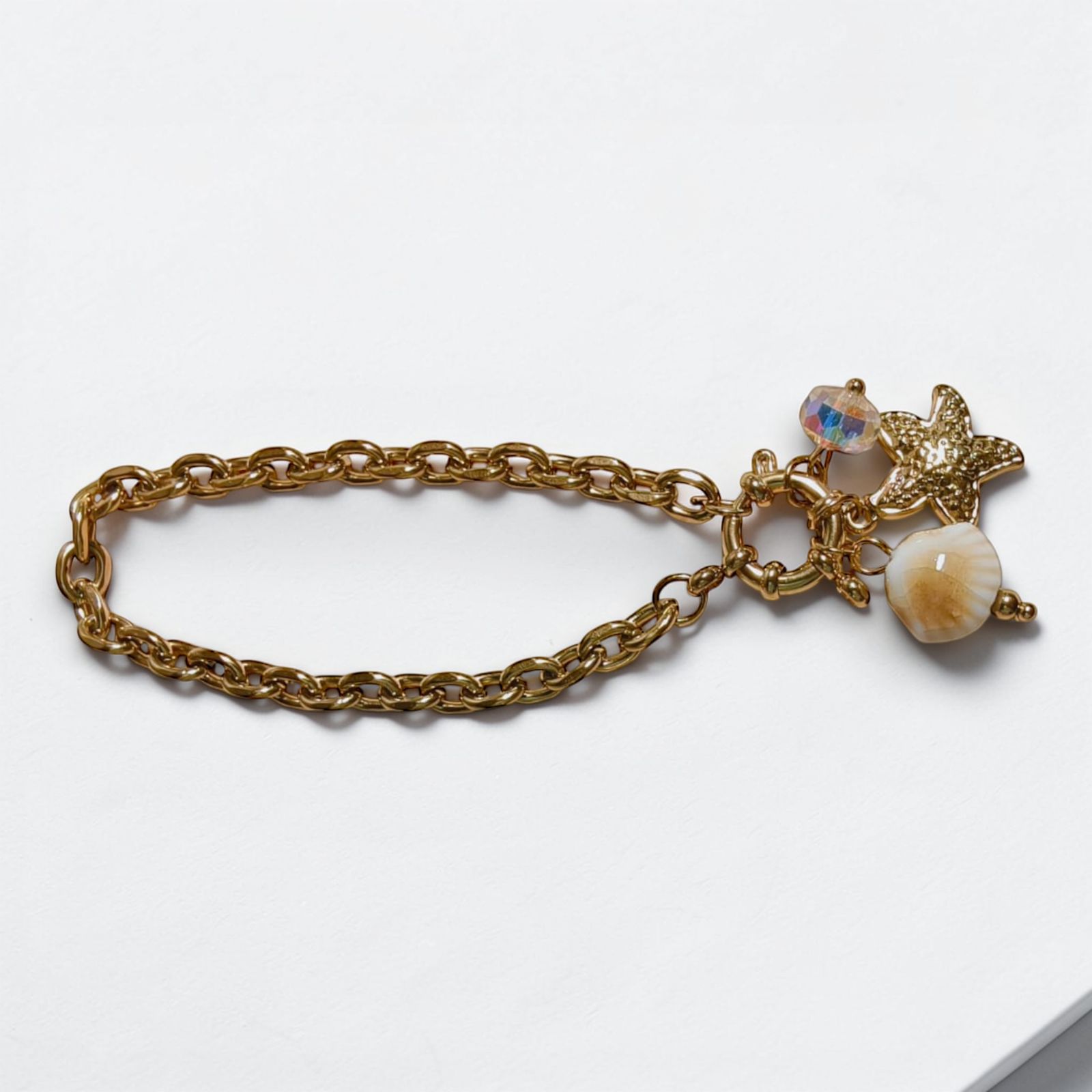 Gold Coastal Starfish & Shell Charm Bracelet – Elegant Nautical Link Chain with Iridescent Crystal Accents