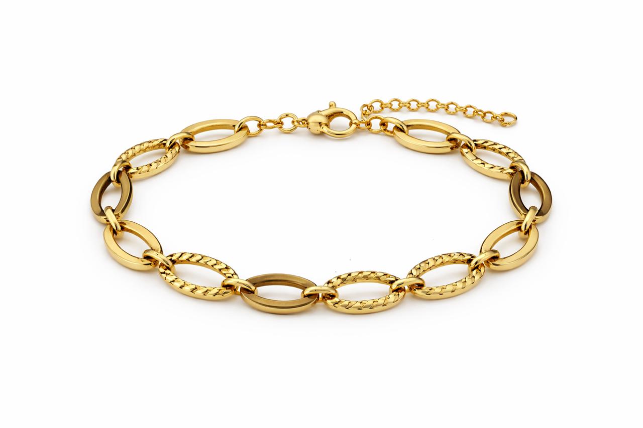 18K Gold Plated Mixed Texture Oval Link Bracelet | Alternating Diamond-Cut & Polished Chain