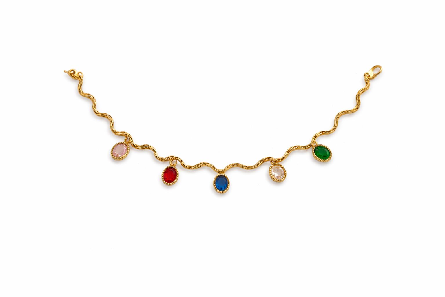 18K Gold Plated Multi-Color Gemstone Charm Bracelet | Wavy Link Dainty Gold Band
