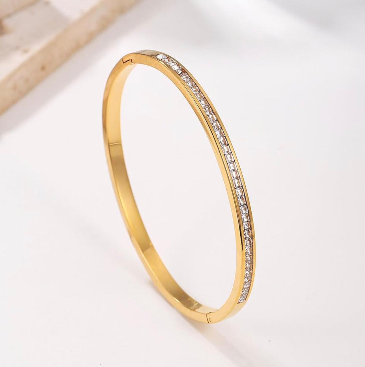 18K Gold Plated Crystal Channel-Set Bangle | Minimalist Pavé Eternity Bracelet