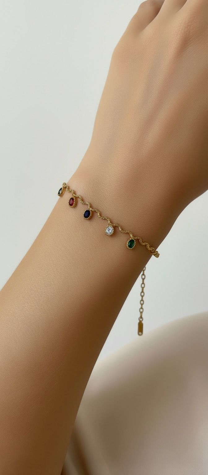 18K Gold Plated Multi-Color Gemstone Charm Bracelet | Wavy Link Dainty Gold Band - Image 2
