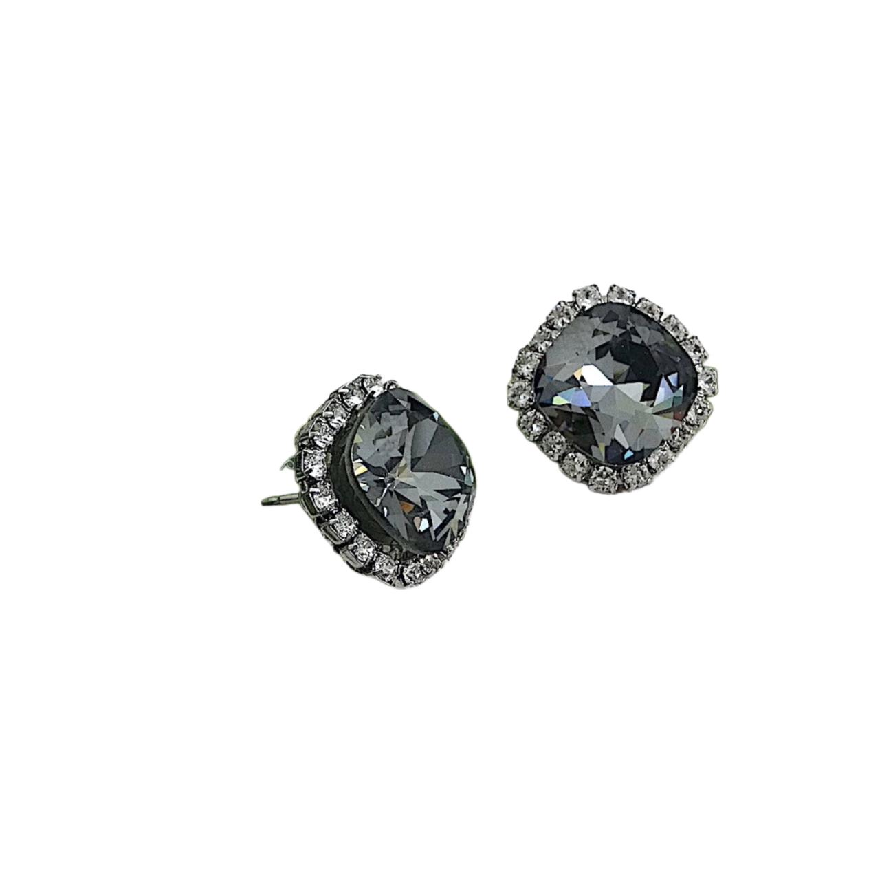 Smoky Grey Cushion-Cut Halo Stud Earrings – Sparkling Charcoal Crystal Statement Jewelry