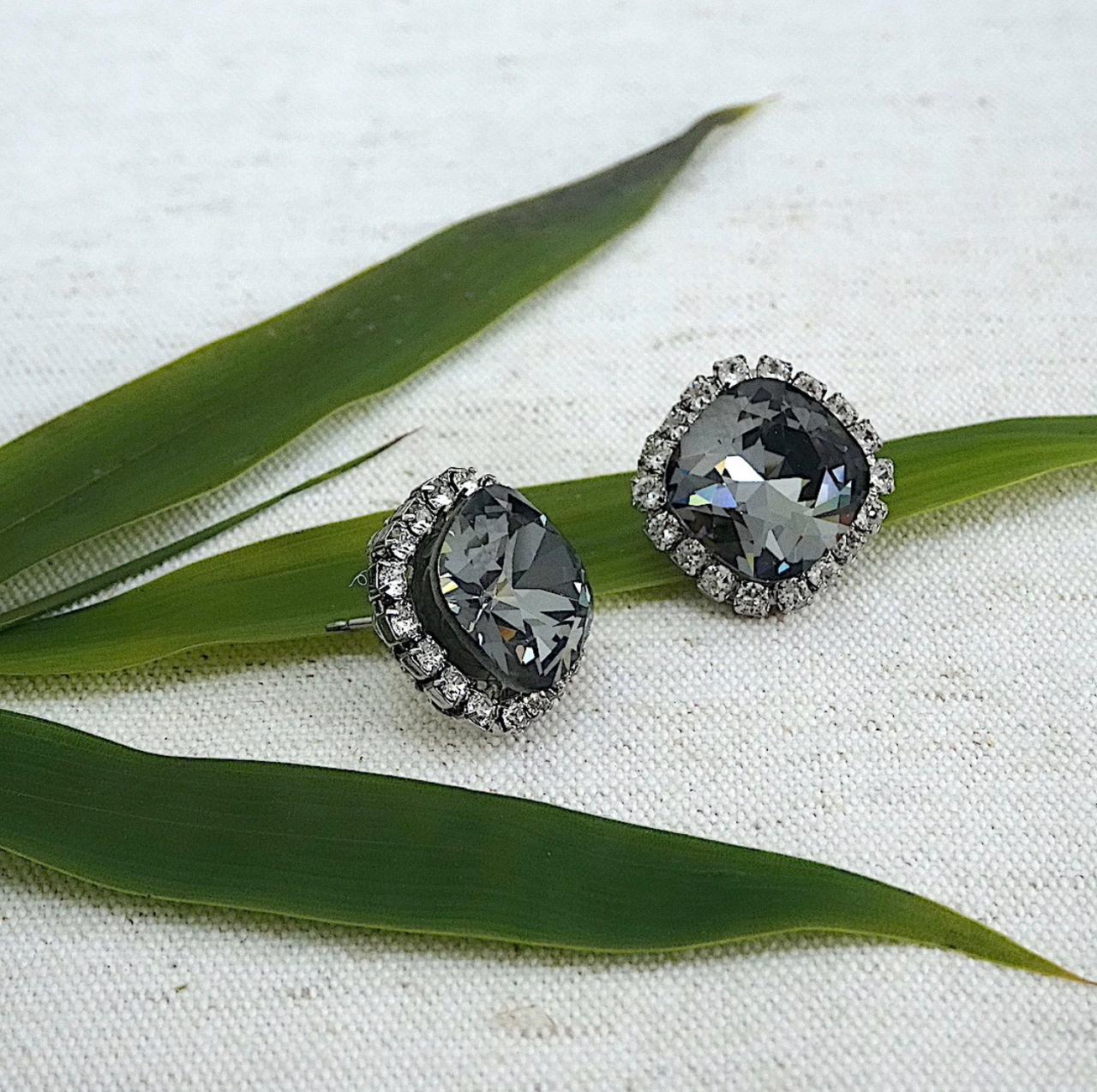 Smoky Grey Cushion-Cut Halo Stud Earrings – Sparkling Charcoal Crystal Statement Jewelry - Image 2