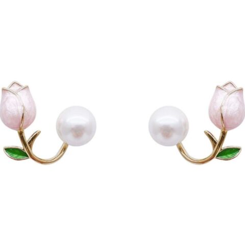 Elegant Pink Tulip & Pearl Stud Earrings – Romantic Floral Gold-Tone Jewelry
