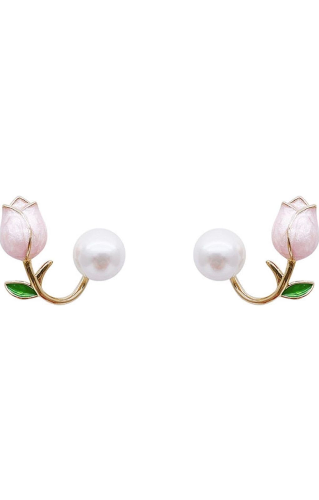 Elegant Pink Tulip & Pearl Stud Earrings – Romantic Floral Gold-Tone Jewelry