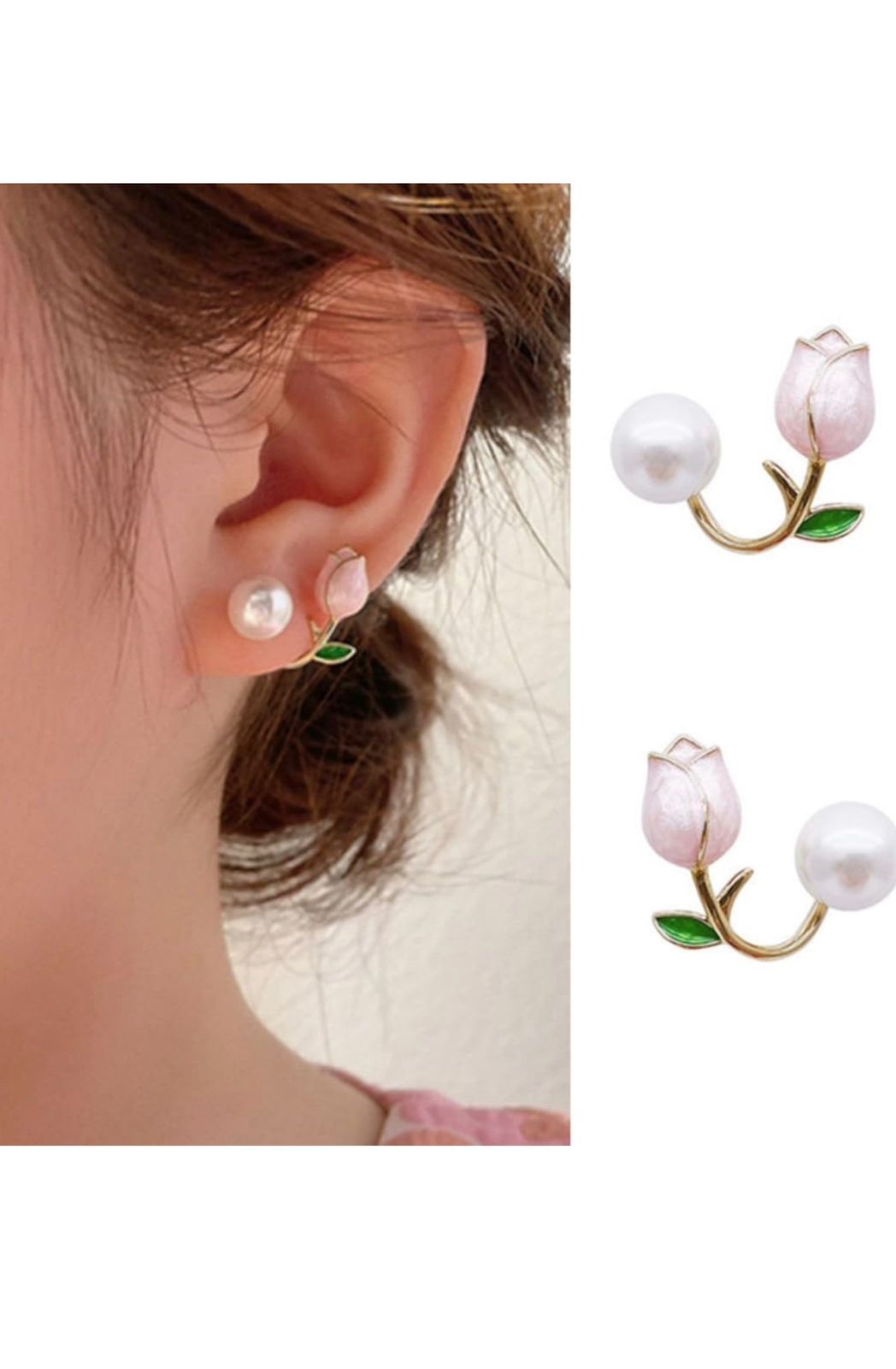 Elegant Pink Tulip & Pearl Stud Earrings – Romantic Floral Gold-Tone Jewelry - Image 2