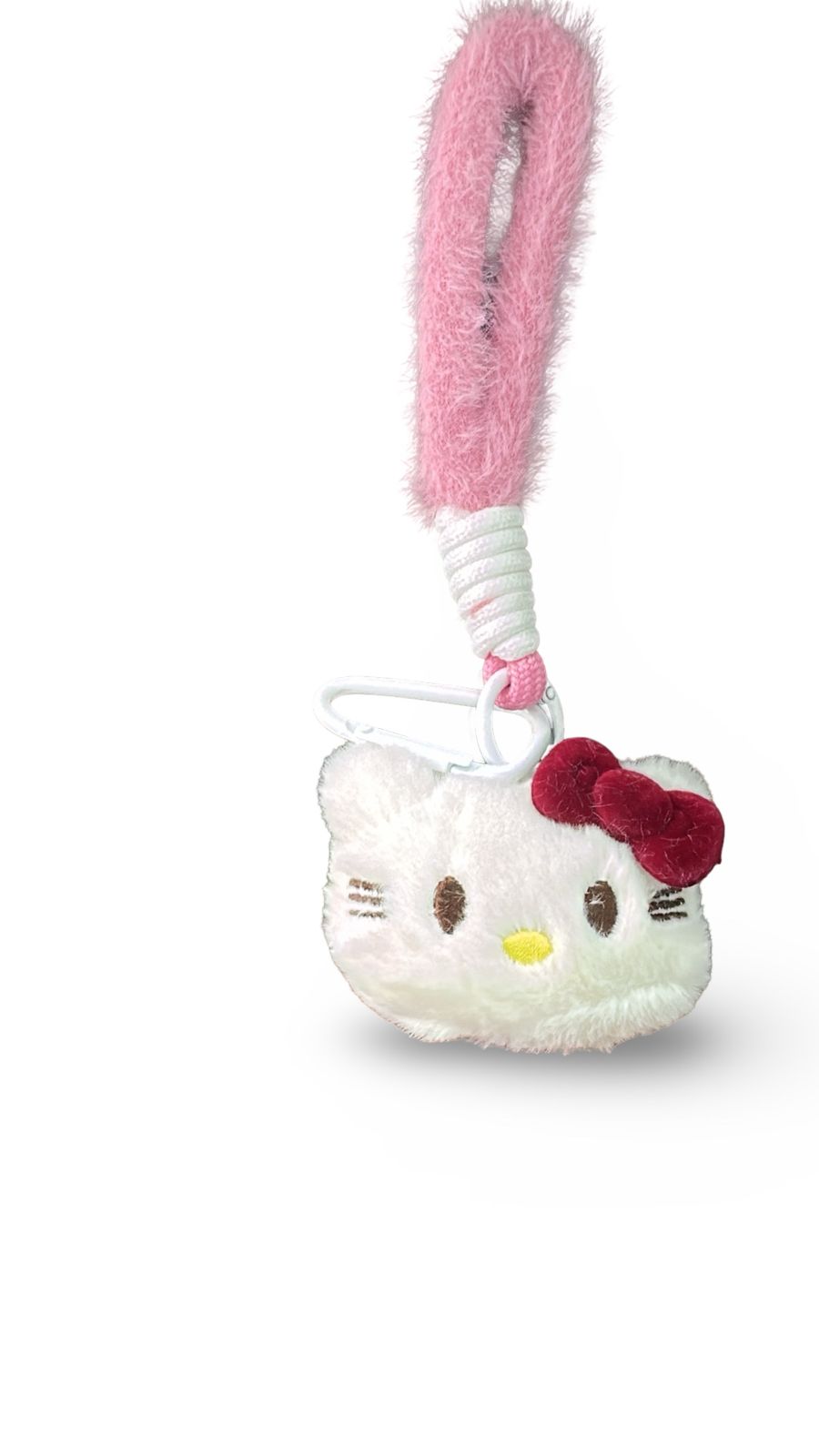 Aesthetic Hello Kitty Plush Keychain – Soft White Kitty Bag Charm with Red Velvet Bow & Pink Wrist Strap – Kawaii Sanrio-Inspired Keyring for Backpacks