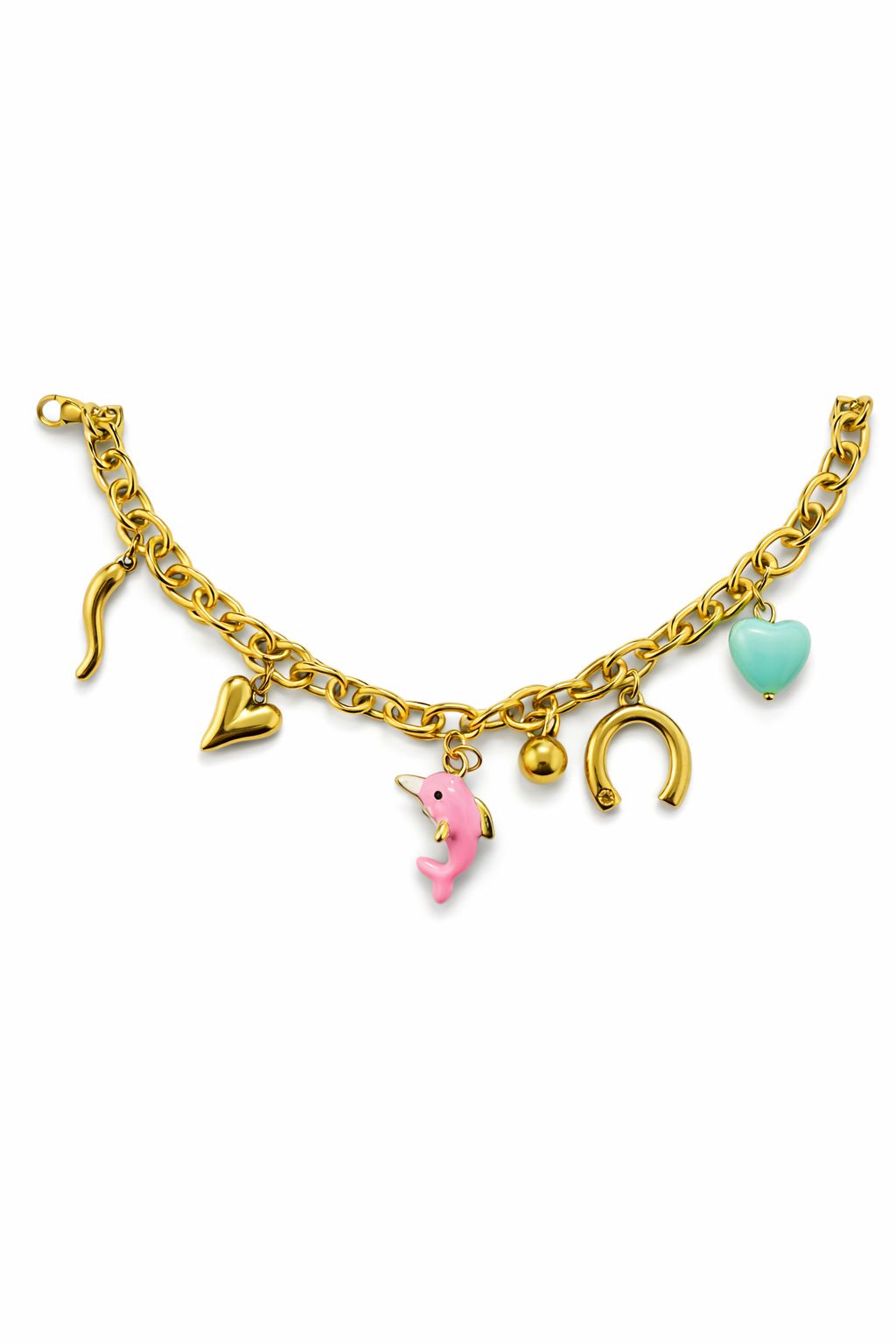 Gold-Plated Multi-Charm Bracelet for Women | Cute Pink Dolphin & Teal Heart Enamel Charms | Fashionable Horseshoe & Heart Link Chain Bracelet | Trendy Jewelry Gift