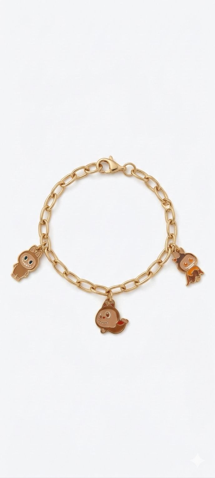 Gold-Plated Designer Monster Charm Bracelet | Trendy Enamel Art Toy Figures on Oval Link Chain | Playful Brown Toned Fashion Jewelry for Teens and Collectors