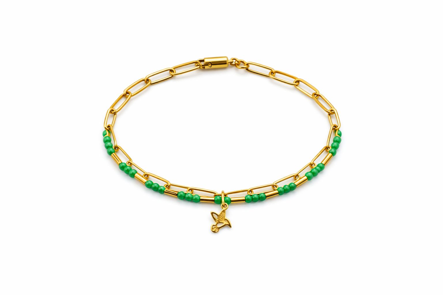 Dainty Green Beaded Hummingbird Bracelet | Gold-Plated Paperclip Link Chain with Bird Charm | Minimalist Nature-Inspired Jewelry for Women & Girls