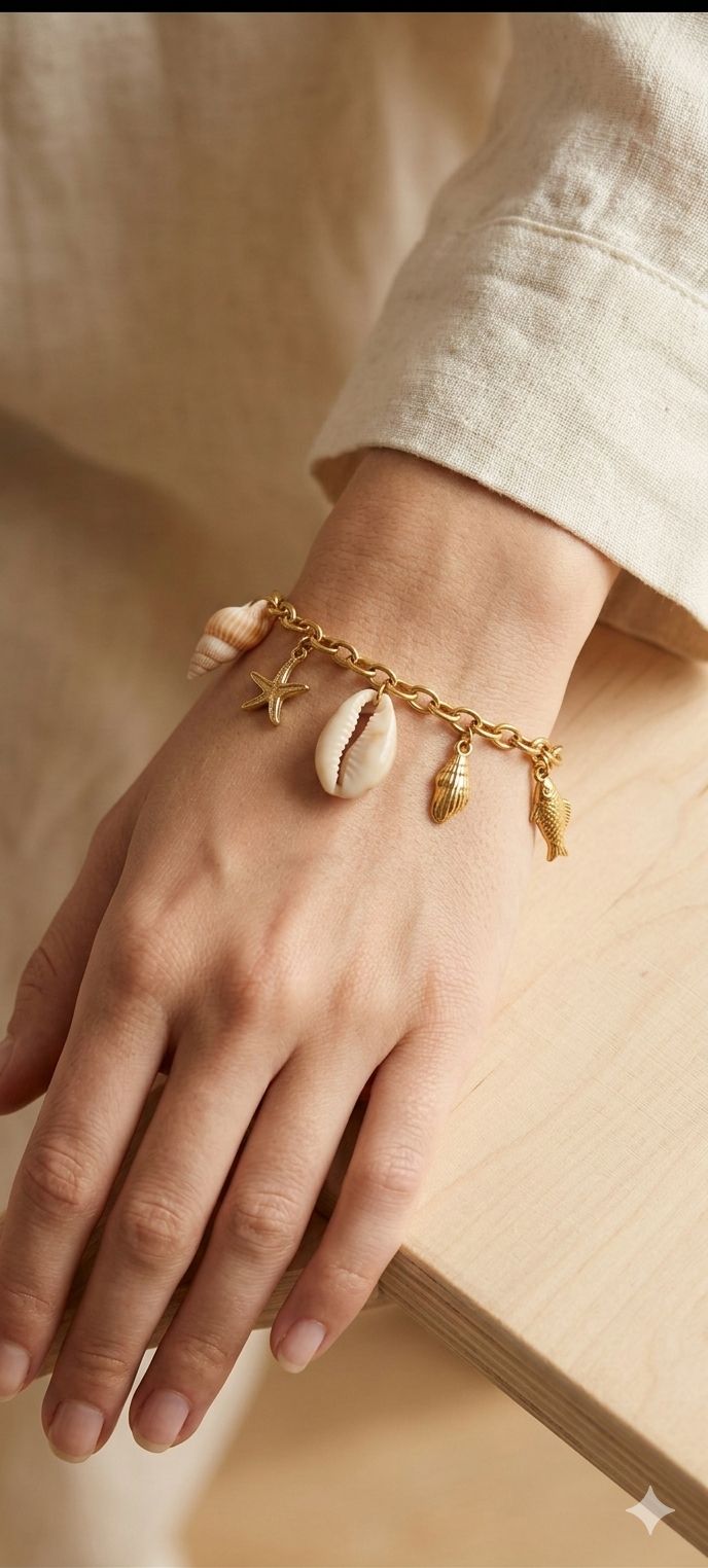 Gold-Plated Ocean Shell Charm Bracelet for Women | Natural Cowrie Shell, Starfish, & Fish Charm Link Bracelet | Coastal Beach Vacation Jewelry Gift - Image 2