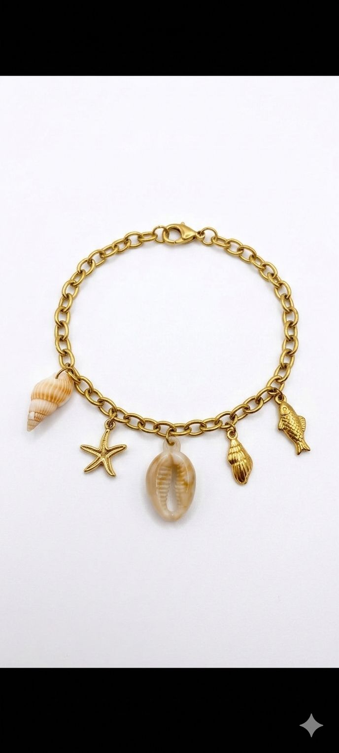 Gold-Plated Ocean Shell Charm Bracelet for Women | Natural Cowrie Shell, Starfish, & Fish Charm Link Bracelet | Coastal Beach Vacation Jewelry Gift